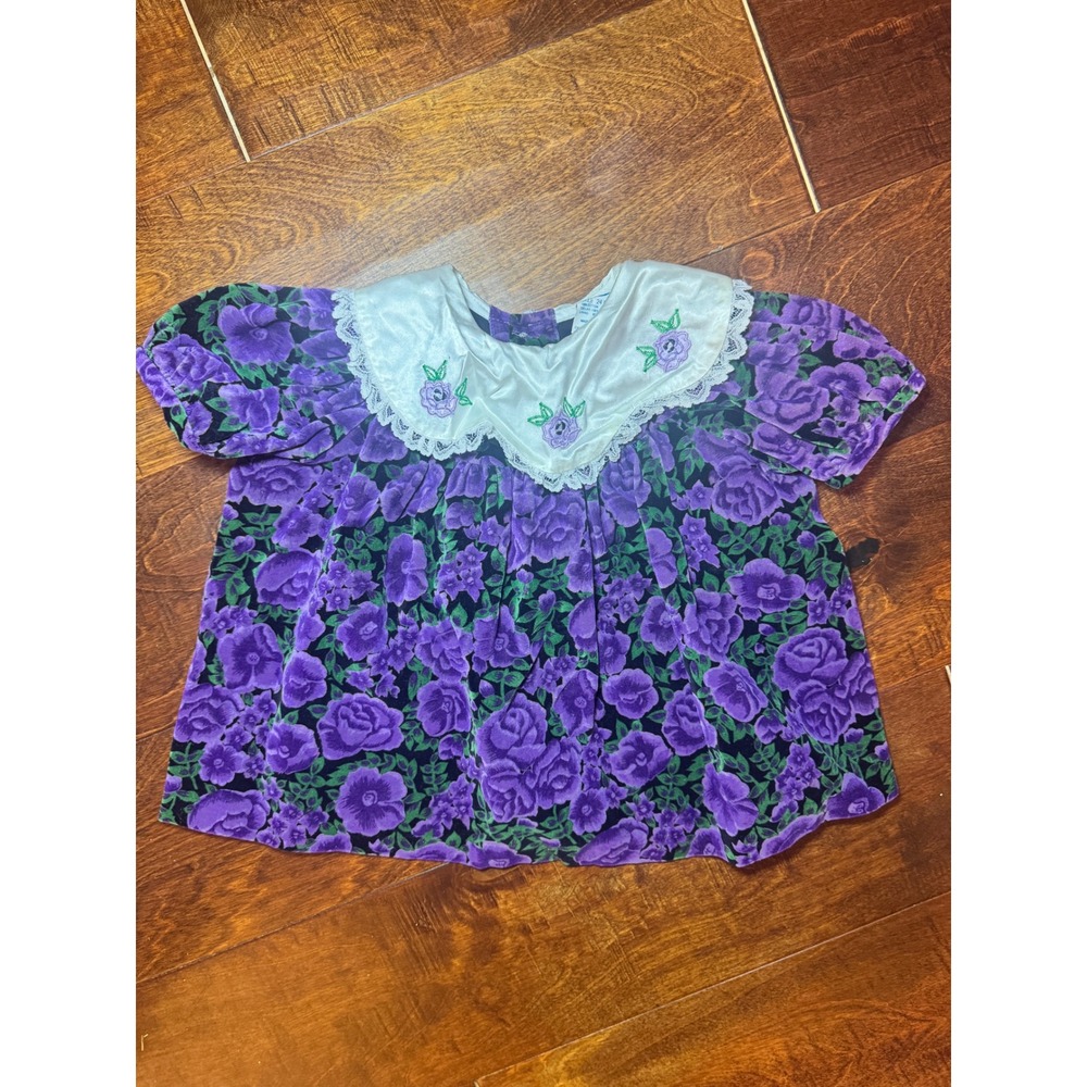 Vintage Cradle Togs Purple‎ Floral Velvet Baby Top Lace Collar 24 Months Rose